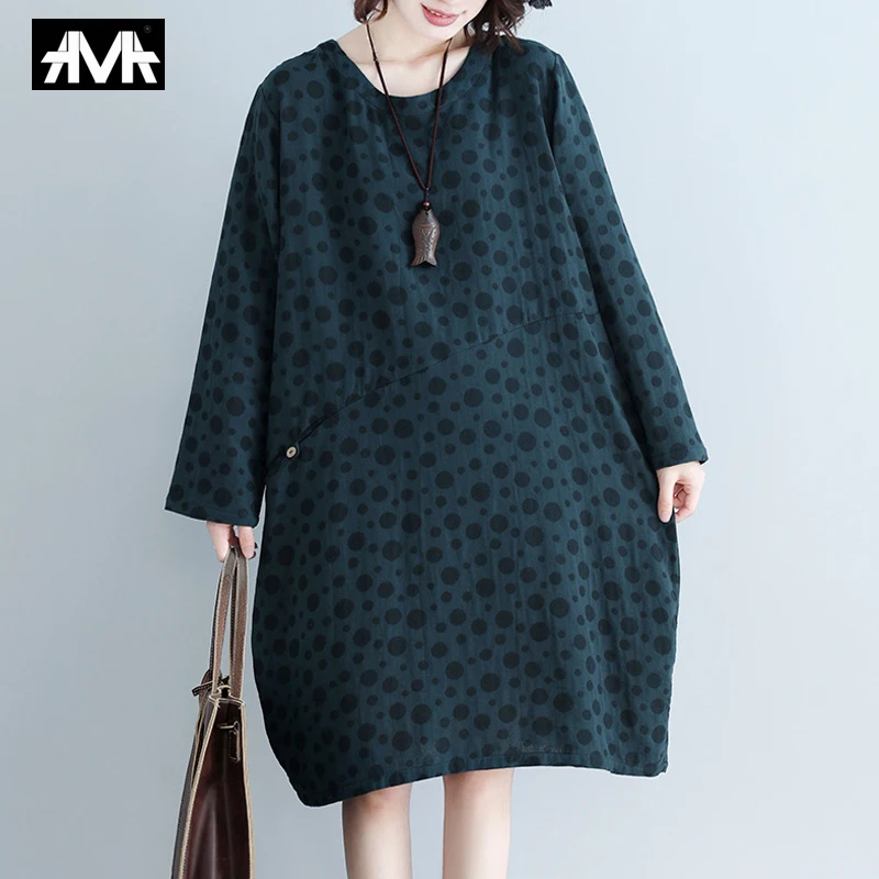 

2019 NEW Fashion Polka dot Dress Loose large size long sleeve Women's Cotton and Linen Femme Trendyol dresses