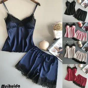 

2 summer women's sexy satin lace pajamas underwear nightdress pajamas set