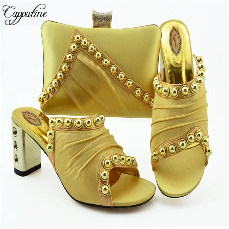 

Capputine Nigerian Style Rhinestone High Heels Shoes And Bag Set Italian Design Shoes With Matching Bag Set For Evening Party