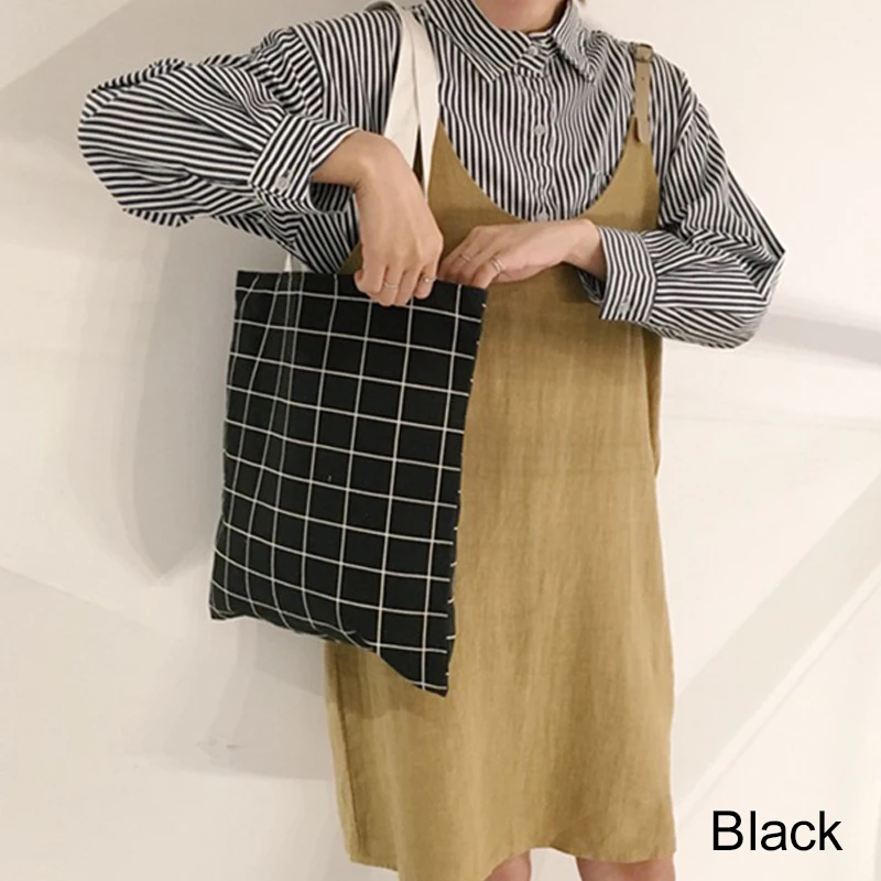 8PCS / LOT Women Shopping Bag Environmental Canvas Women Big Grid Reusable Tote Pouch Casual Folding Girls Simple Bag