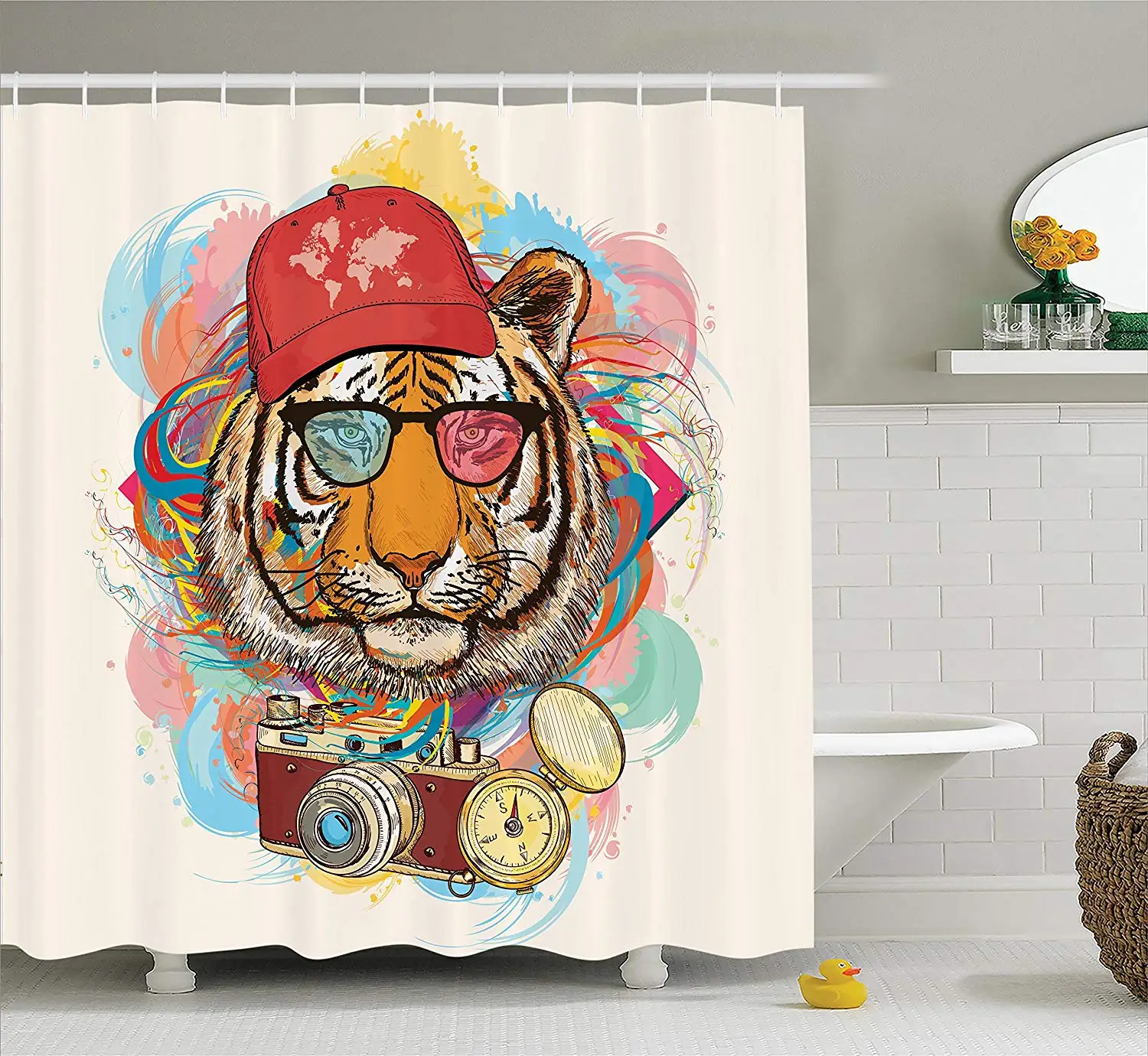 Apartment Decor Shower Curtain Hipster Rapper Style Tiger with