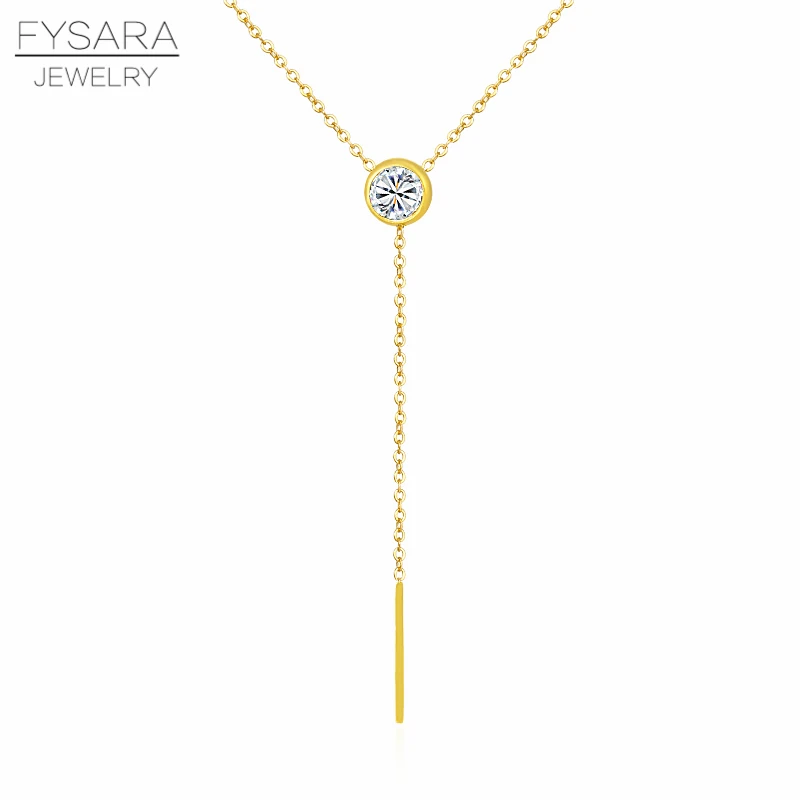 

FYSARA Stainless Steel Long Chain Pendants Necklace Round Circle CZ Crystals Jewelry Rose Gold Color Tassel Necklace Love Collar