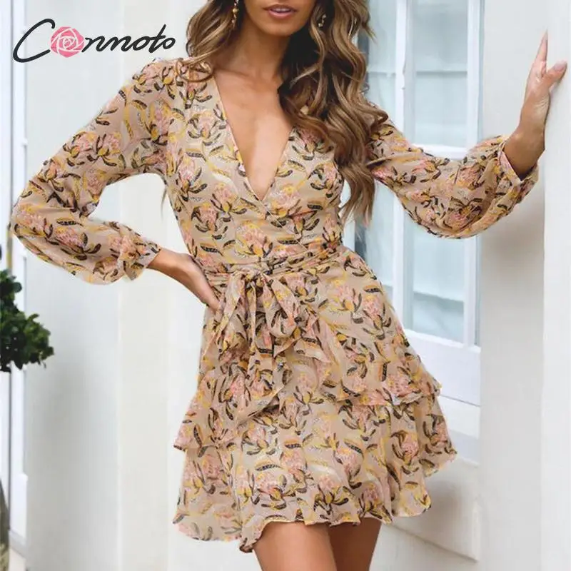 

Conmoto Ruffle Elegant Party Winter 2019 Women Dress Wrap Long Sleeve Chiffon Dresses Floral Femme Short Robe Dress Vestidos