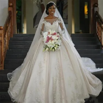 

High Quality Satin Bridal Gowns with Long Train Illusion Back Sheer Neck Prepared For Cathedral Wedding Long Sleeves Custom Made