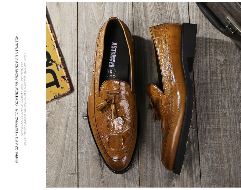 Men's Casual Wedding Dress Shoes Crocodile Leather Brogue Shoes Men Tassels Oxfords Shoes Slip-on Leather Penny Loafers Shoes (5)