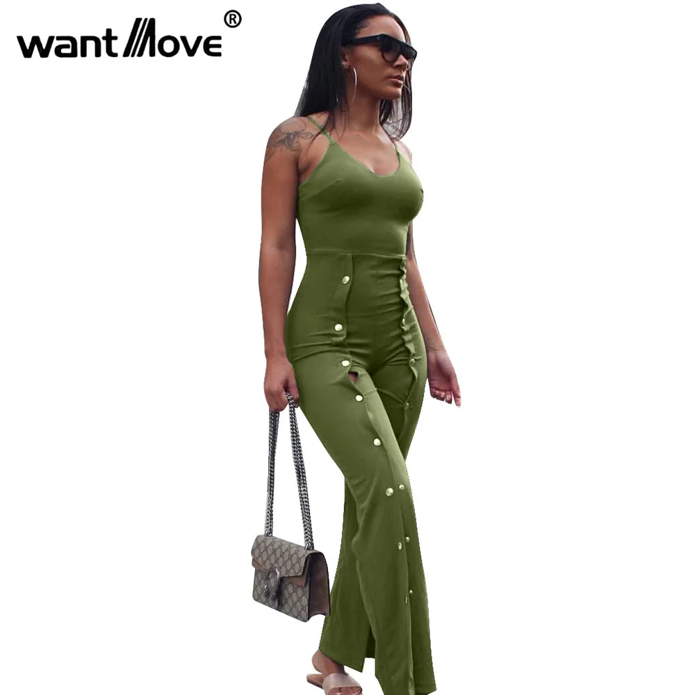 

Wantmove sexy spaghetti strap double button zipper 2018 fashion slim v neck long pants jumpsuit romper black green WM202