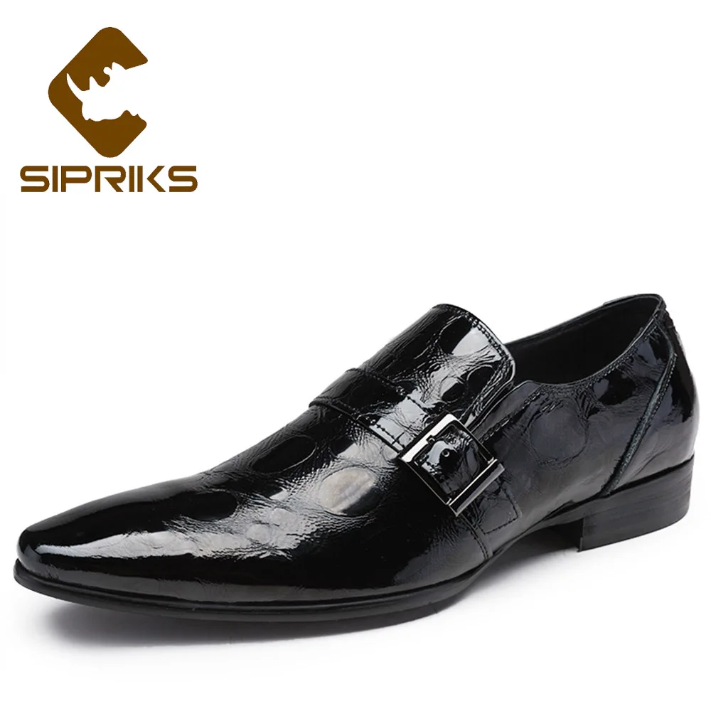Sipriks/мужские черные туфли из лакированной кожи; тонкие мужские ботинки с декоративной застежкой; Роскошные Брендовые мужские блестящие туфли; обувь под смокинг; обувь без застежки - Цвет: Черный