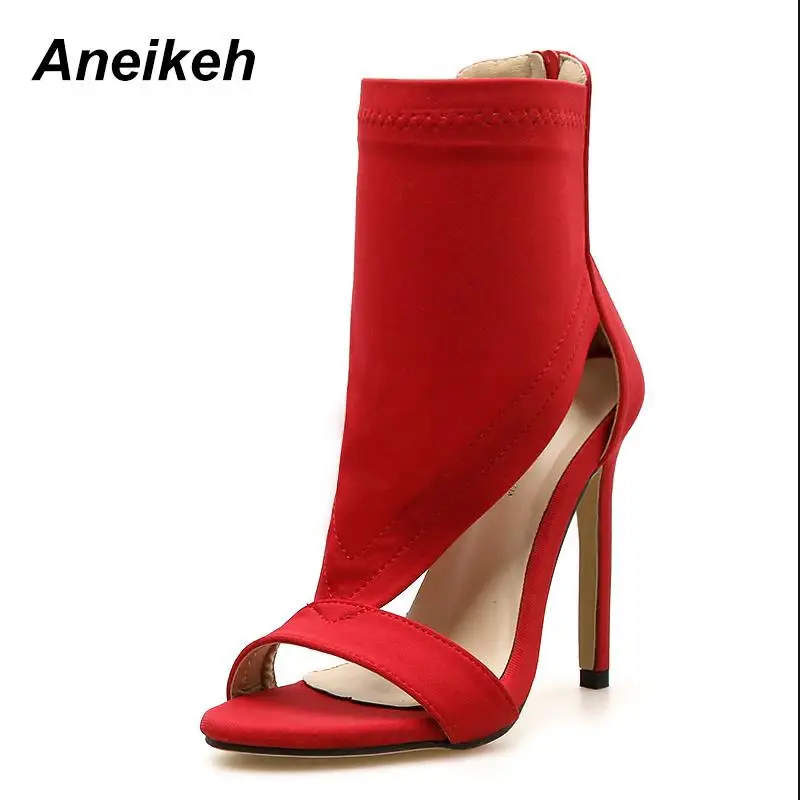 Aneikeh/босоножки из эластичной ткани с вырезами; сезон лето-осень босоножки на высоком каблуке ботильоны с открытым носком обувь черного и красного цвета Размеры 35-40 - Цвет: red
