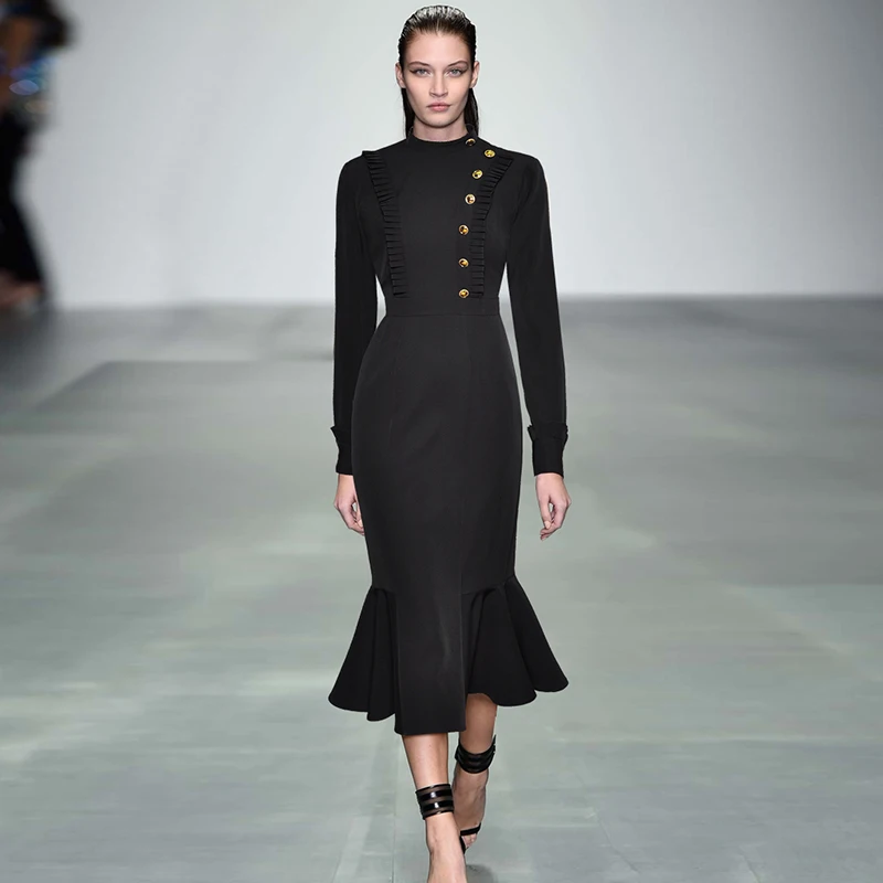 HIGH QUALITY Newest Summer Fashion 2018 Runway Dress Women's Long Sleeve Buttons Mid-calf Mermaid | Женская одежда