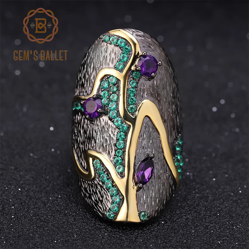 

GEM'S BALLET Georgia O'keeffe Branch Pattern Ring 0.80Ct Natural Amethyst 925 Sterling Silver Handmade Finger Rings for Women
