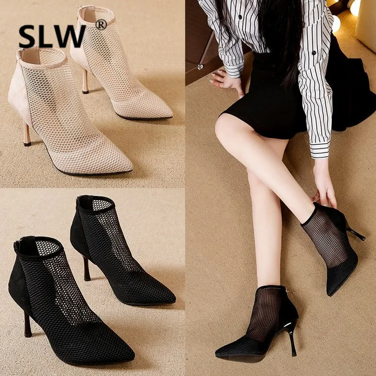 

Shoes High Heel Boots Summer Booties Zipper Luxury Designer Bootee Woman 2019 Heels Pointy Black Women's Fashion Sandals Ladies
