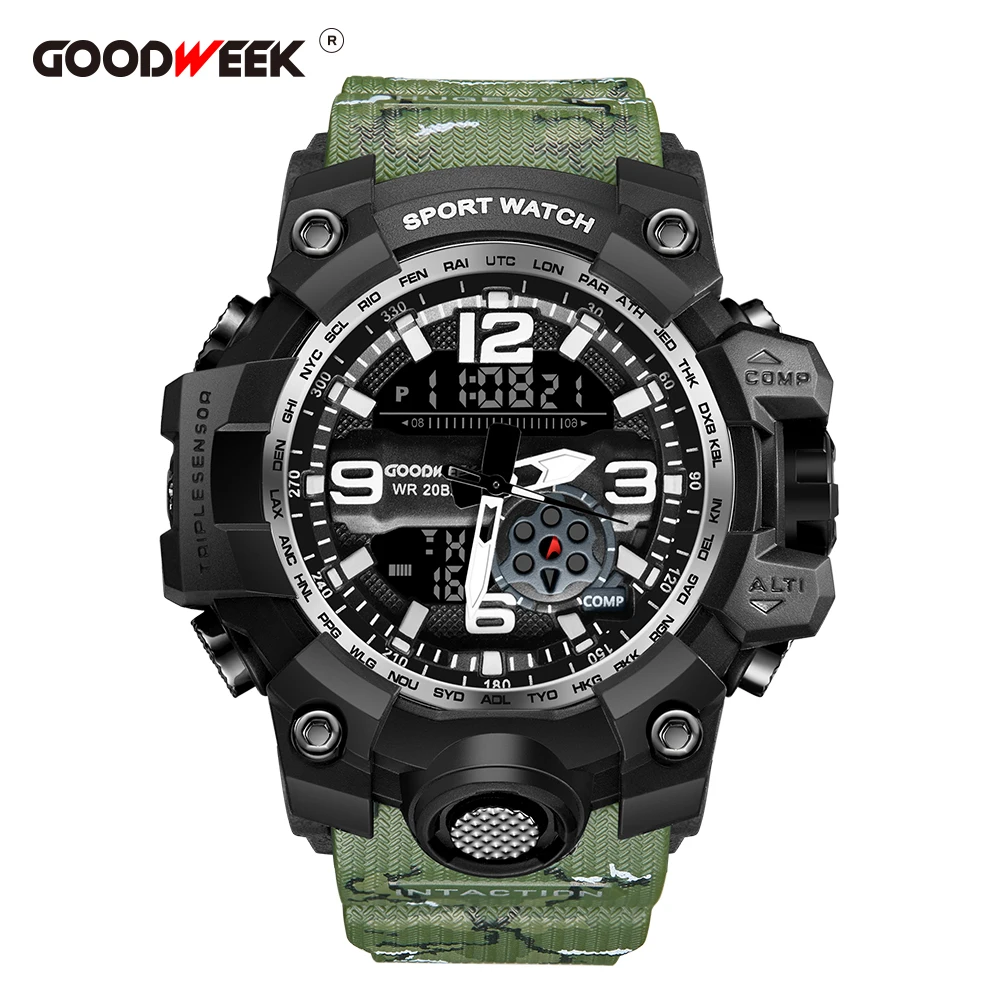 Günstige GOODWEEK Männer Sport Uhren Wasserdicht Armee Militär Uhren Digital Dual Display Uhren G Stil Schock Relogios Masculino