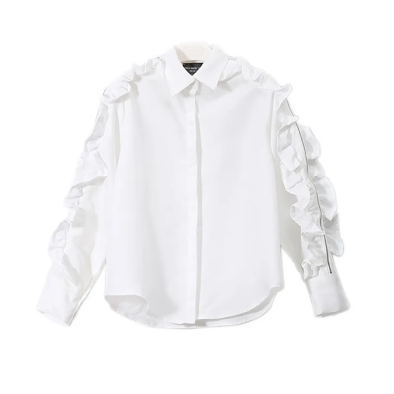 [EAM] Летняя мода узор корейский сплошной цвет оборки сторона с длинным рукавом молния черный белый рубашка прилива Топы для женщин YA848 - Цвет: pure white