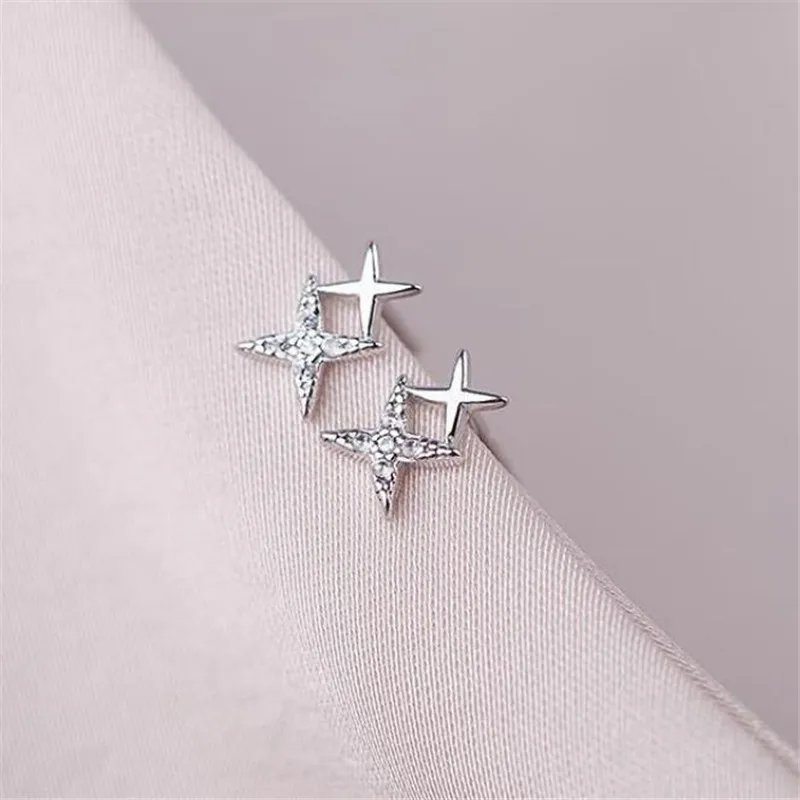 

925 Solid Sterling Silver Piercing Crystal Star Charm Stud Earrings for Women Accessories Earrings Sterling-silver-jewelry B032