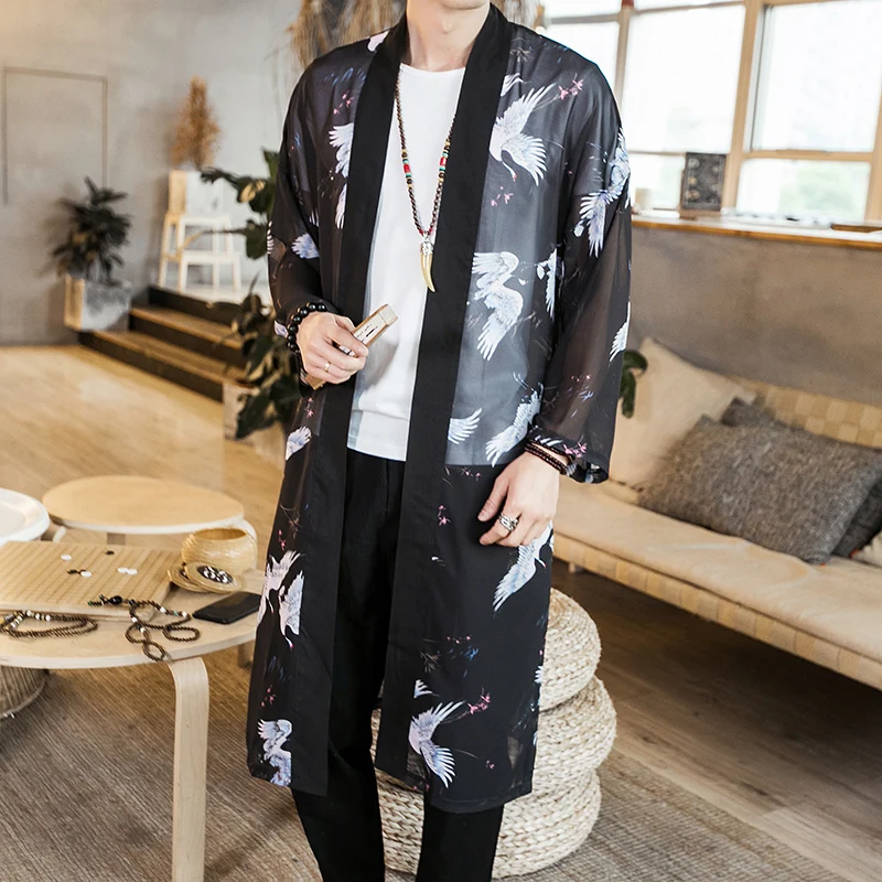  Black Mens Long Jackets 2019 Summer China Retro Style Men Chiffon Gown Loose and Comfortable Sun Co