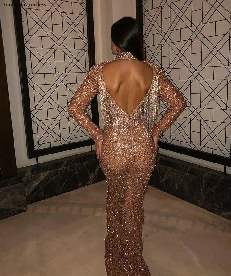 Blingbling Gold Sequins Mermaid Long Sleeves Evening Dresses Sexy Tassel Backless High Neck Evening Prom Gowns Formal Pageant BC0588  148 (4)