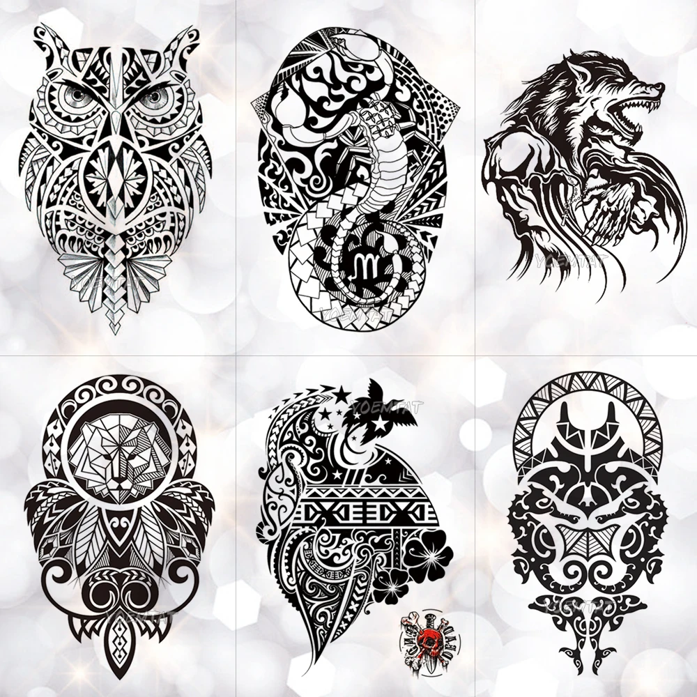

Black Wolf Lion Totem Waterproof Temporary Tattoo Sticker Owl Power Maori Flash Tattoos Body Art Arm Fake Tatoo Men