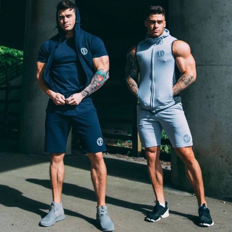 

2019 New Summer Men Set 2PC Sporting Suit Sleeveless Zip Tank top+Shorts Two Piece Set high quality Gym sportwear Tracksuit Men