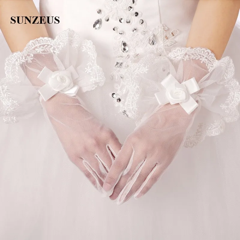 Sheer Tulle Full Finger Short Gloves Wrist Length Women's Gloves White