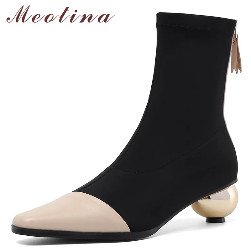 

Meotina Fall Elastic Boots Women Natural Genuine Leather Zip Strange Style Heel Ankle Boots Mixed Colors Square Toe Shoes Female