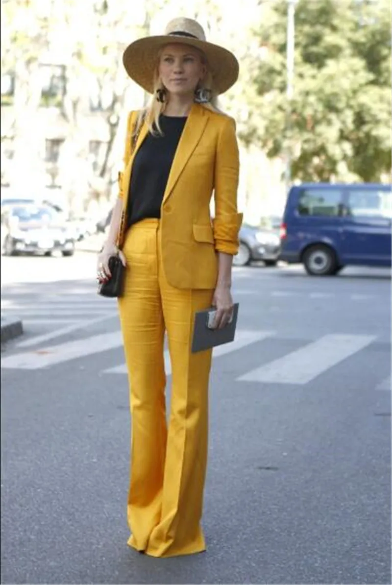 Желтая Женская куртка с отворотом+ брюки, женские деловые костюмы, женский брючный костюм, Офисная форма, женский брючный костюм на заказ - Цвет: 017