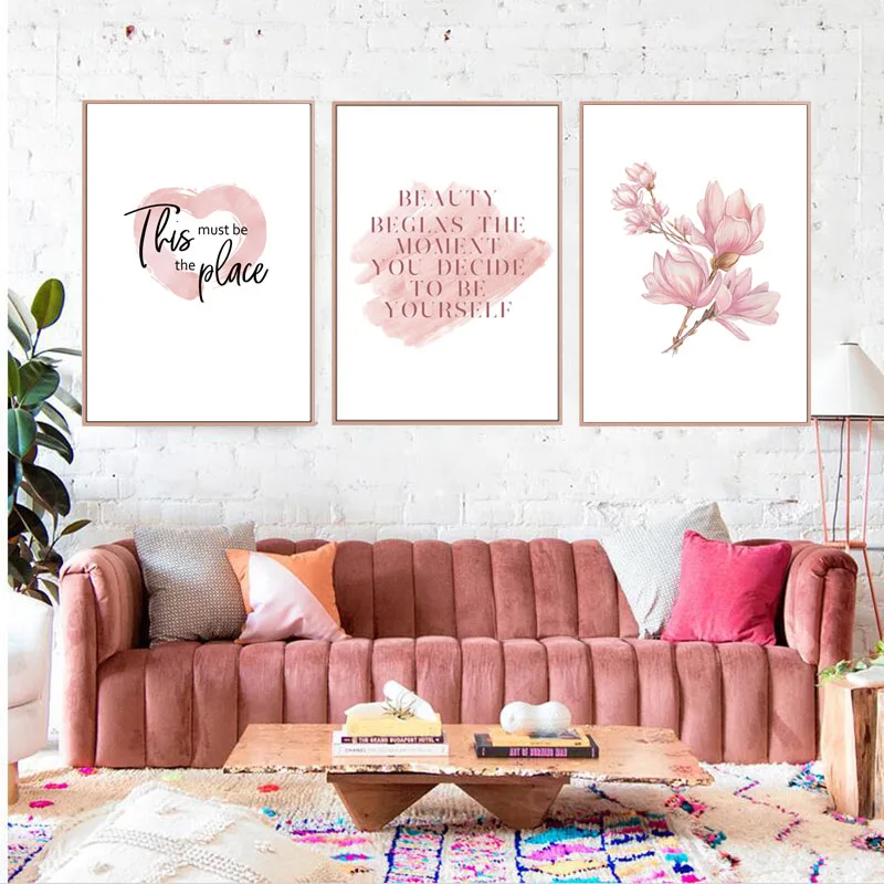 

Nordic Posters Watercolor Pink Flower Heart Posters And Prints Letter Canvas Art Painting Wall Pictures For Living Room Unframed