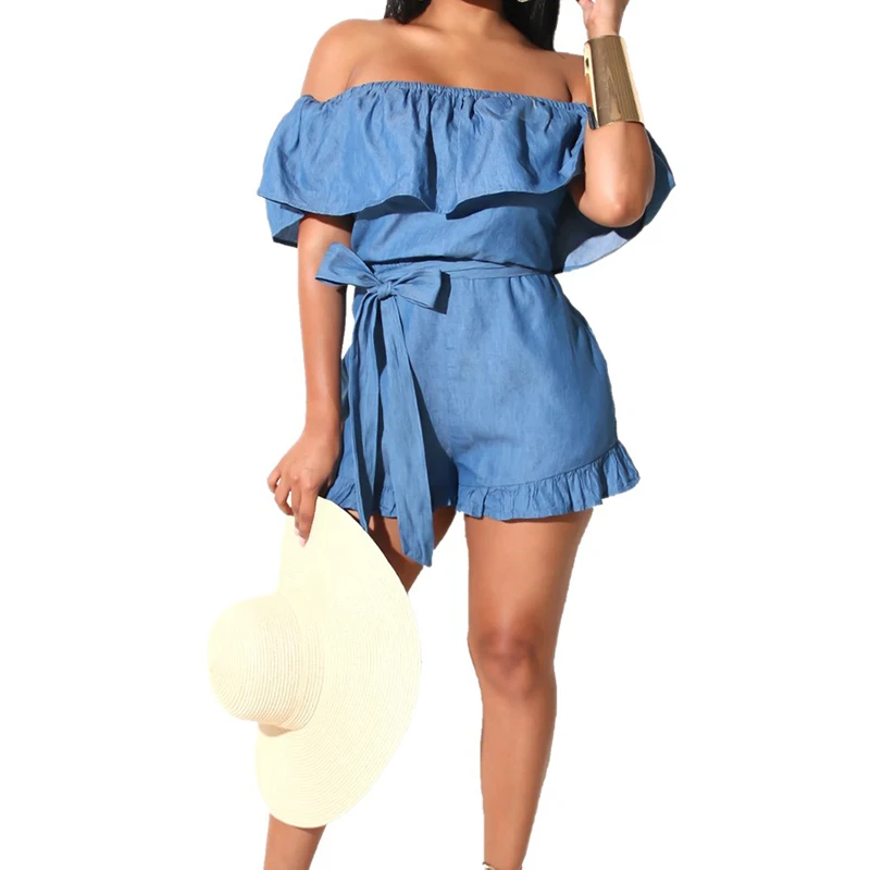 Blue Denim Jumpsuits Shorts Women Slash Neck Ruffles Jeans Playsuits
