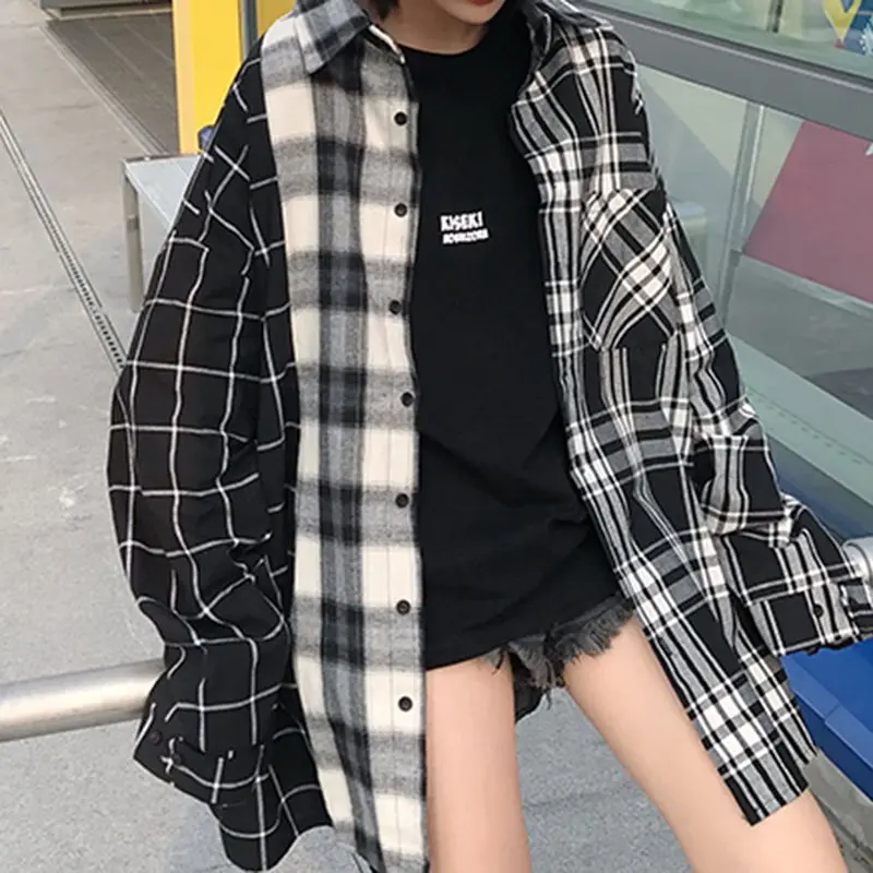 Осенние повседневные длинные женские рубашки в Корейском стиле в стиле хип-хоп Харадзюку, свободные рубашки в клетку с отворотом, на пуговицах, с карманом, с принтом, женские топы, уличные