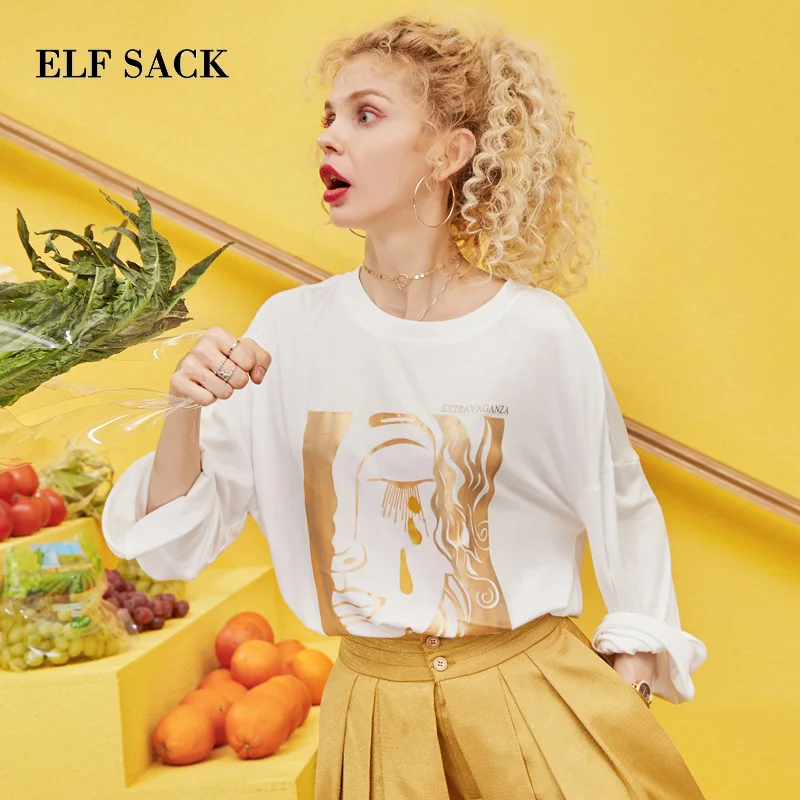 

ELF SACK 2019 Spring New Oversized Sweater Woman Casual O-Neck Ladies Pullovers Print Hand Knitted Full Femme Sweaters Girl Tops