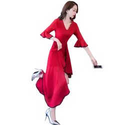 2018 Новый Осень Винтаж Для женщин платье длинный рукав Сетки Шифон v-образным вырезом платья Красный 8021
