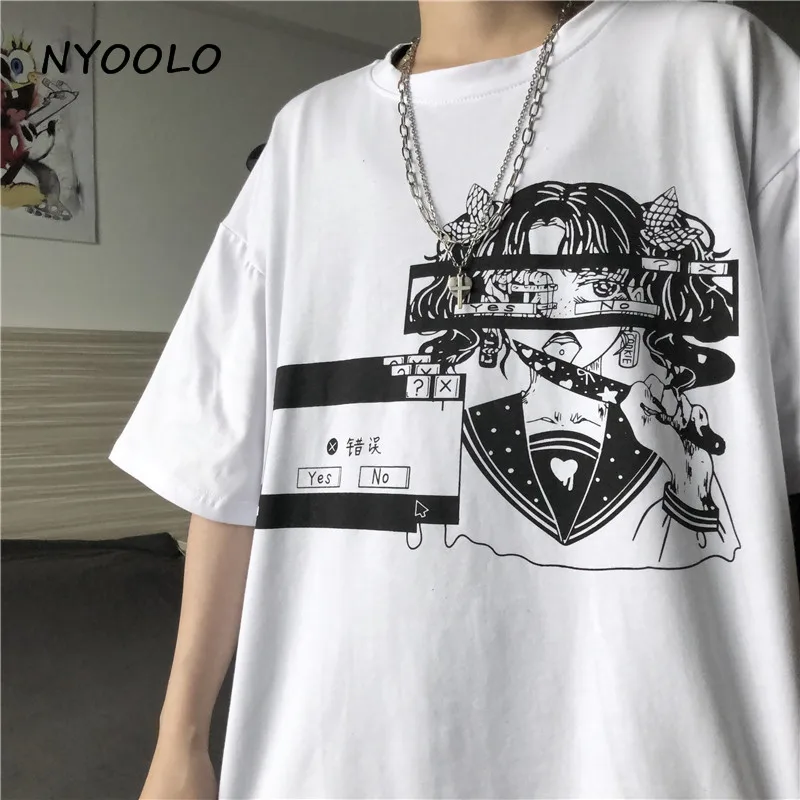 

NYOOLO Harajuku style Vintage cartoon girl letters print tee shirt Summer streetwear loose short sleeve T-shirt women men top