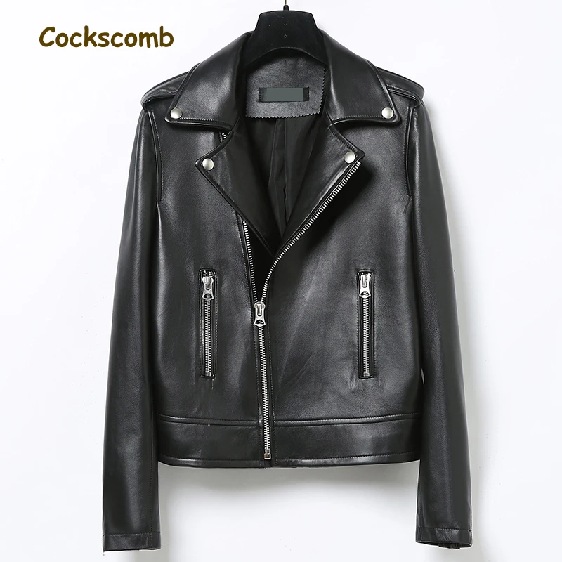 

Cockscomb Brand 2018 Autumn Winter Collection Leather Jacket Women Turn Down Collar Studs Zippers Real Sheepskin Leather Coats