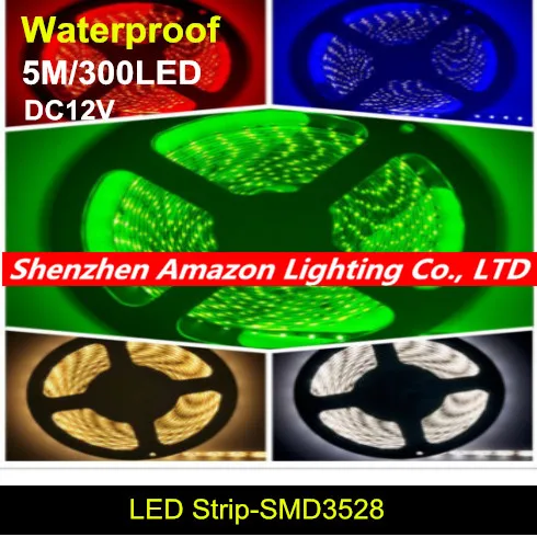 

Free shipping high brightness IP65 Waterproof 5M 3528 LED Strip Light 300 LED DC 12V LED tape ribbon