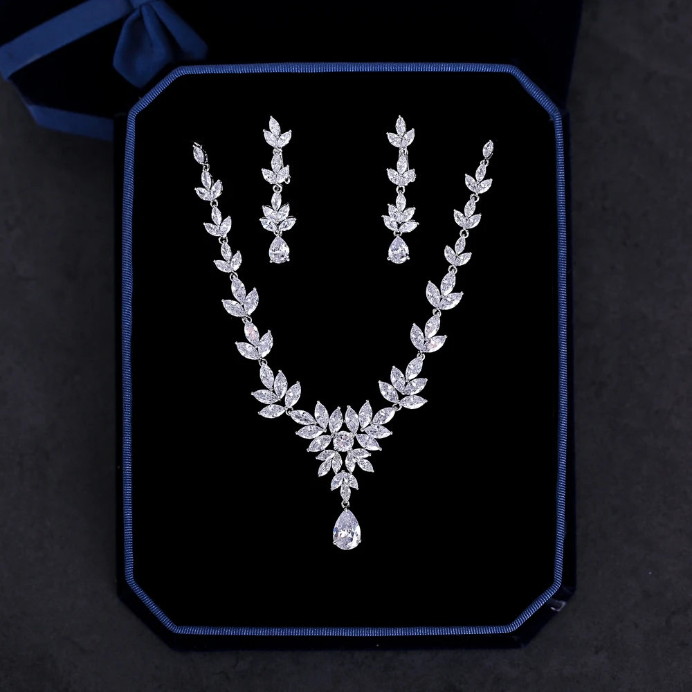 

Briliant Marquise Zircon Necklace Earrings Jewelry Sets Wedding Bridal Cubic Zirconia Pendant Drop Earring Women Fashion Bijoux