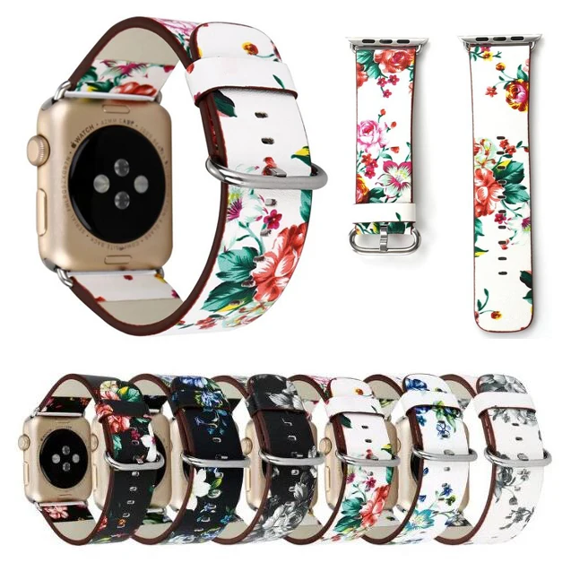 Национальная кожаная Петля с цветочным принтом для iwatch 5 4 3 2 1 ремешок для Apple Watch 38 мм 42 мм 40 мм 44 мм браслет для наручных часов