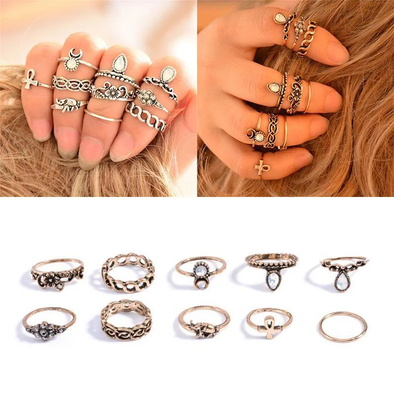 

10pcs/set Vintage Bohemia Ring Set Exaggerated Flower Ring Animals Shape Hollow Jewelry Rings For Women Bagues Pour Femme