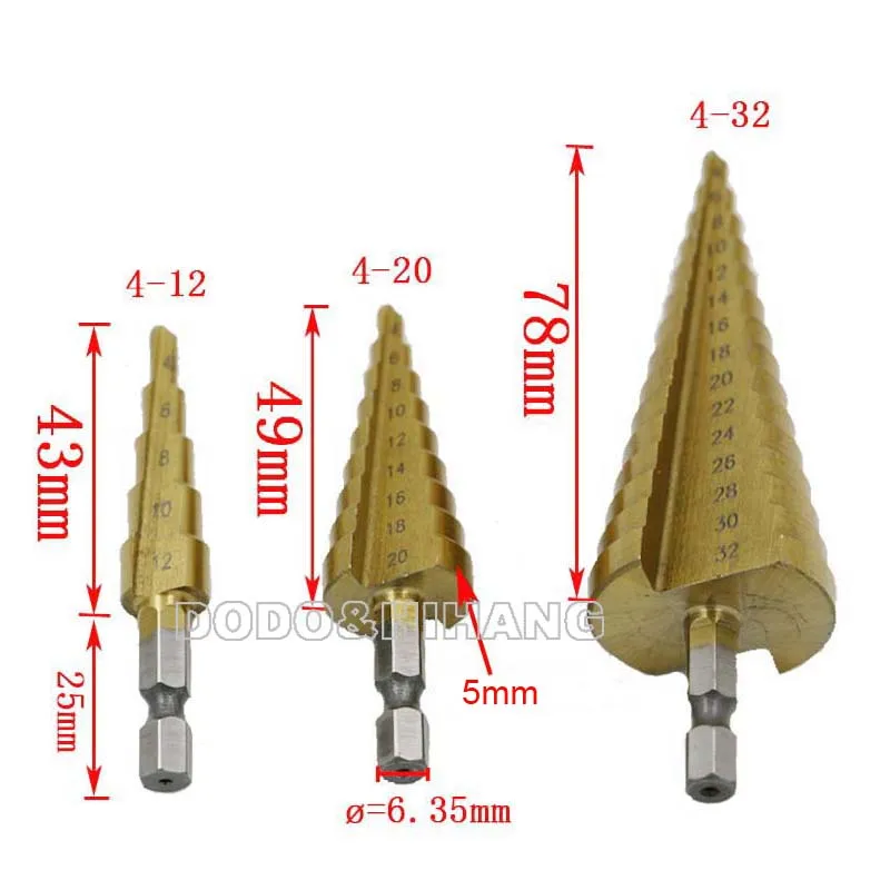 3 шт./компл. Hss Титан шаг бит пустотелого сверла диаманта металлические перовые сверла отверстие сверлильный Мощность инструменты 4-32 мм/20 мм/12 мм Резка деревообрабатывающий DZ210