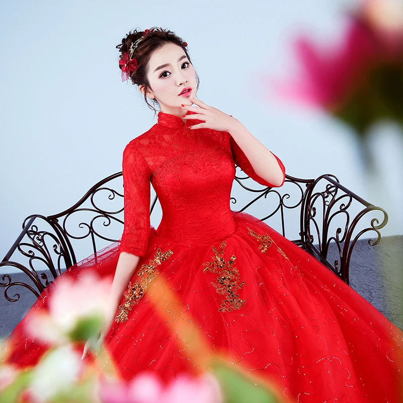 sexy wedding dresses Real Photo Vintage Wedding Dresses 2020 High Neck Korean Style Red Romantic Bride Princess Gold Lace Embroidery Vestido De Novia mermaid wedding dress