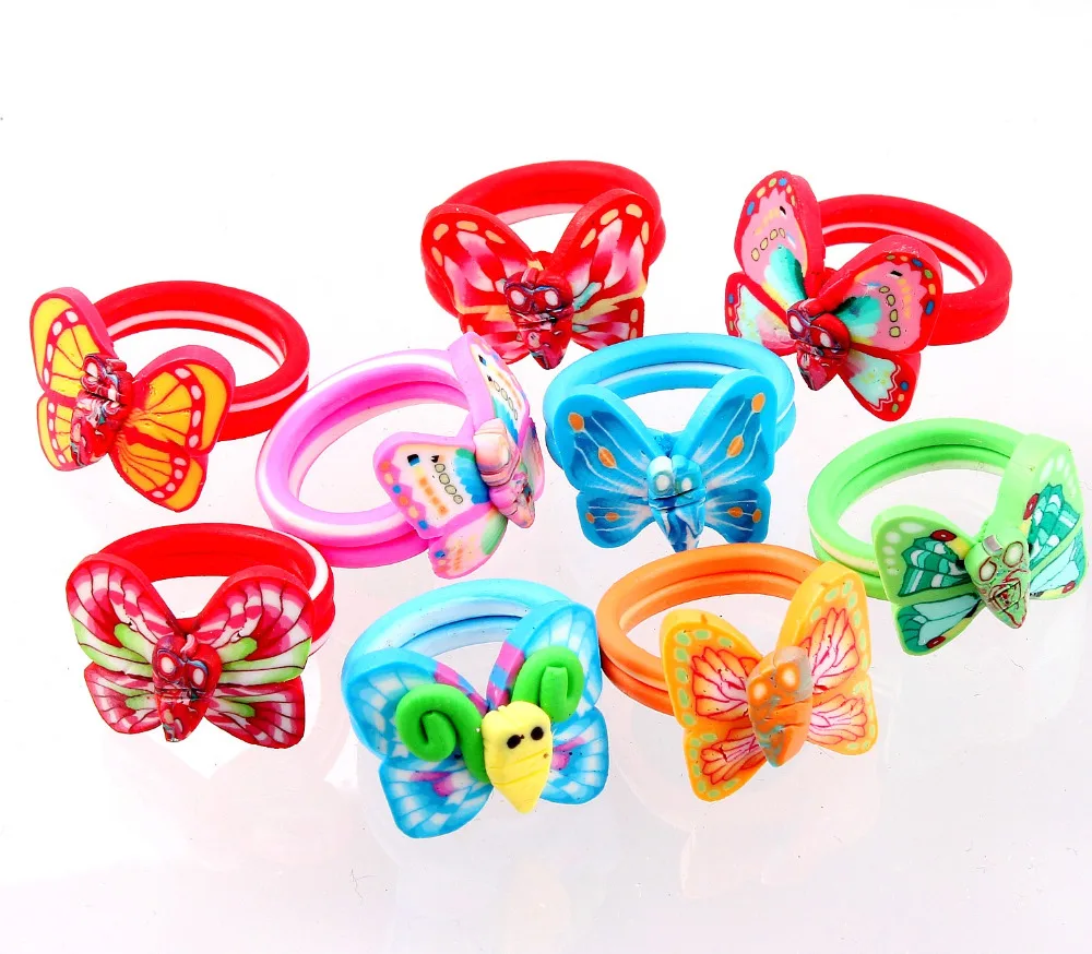 

QianBei Wholesale New Childrens 20pcs Lot Mix Colour Butterfly Baby Child Girl Party Polymer Clay Finger Rings HOT