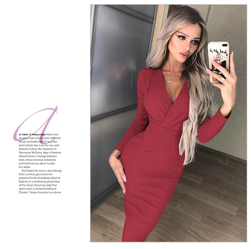 Autumn Sexy Dress Women Empire V Neck Sheath Long Sleeve Knee Length Bodycon Dresses Plus Size Woman Party Vestidos Mujer 2018 (7)