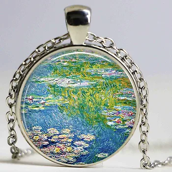 

Monet's Water Lily Pond Art Pendant Great Painting Glass Cabochon Necklace Women Jewelry French Impressionism Monet Retro Chain