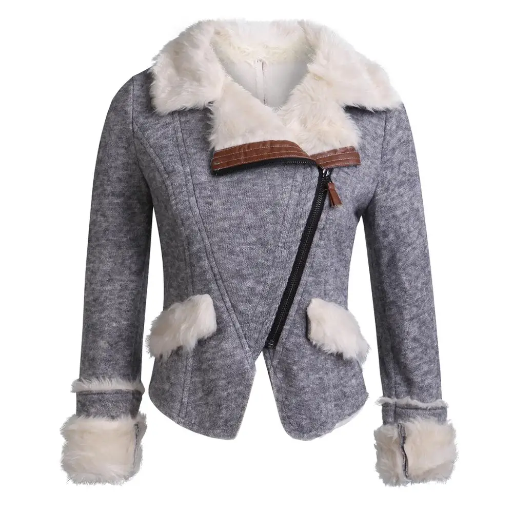 

SX Women Gray Turn Down Collar Lambswool outerwear slim winter clothing warm blends female elegant coat