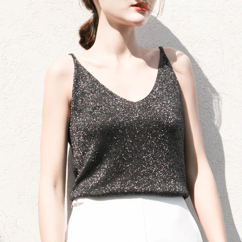 

Wholesale 2pcs/lot Knitted Tank Tops Vest Sequined V Neck Tank Tops Sleeveless T-shirt Women Solid Camis Fitness shirt