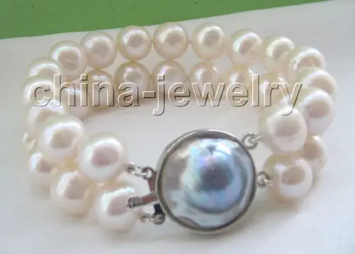 

2row 8" 12mm white round freshwater pearl bracelet-925 silver blister pearlNoble style Natural Fine jewe Fast SHIPPING