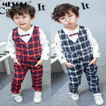 

MESOLO Boy's suit the new autumn 2019 han edition 3 children's clothing grid ma3 jia3 shirt trousers woolly cartoon penguin