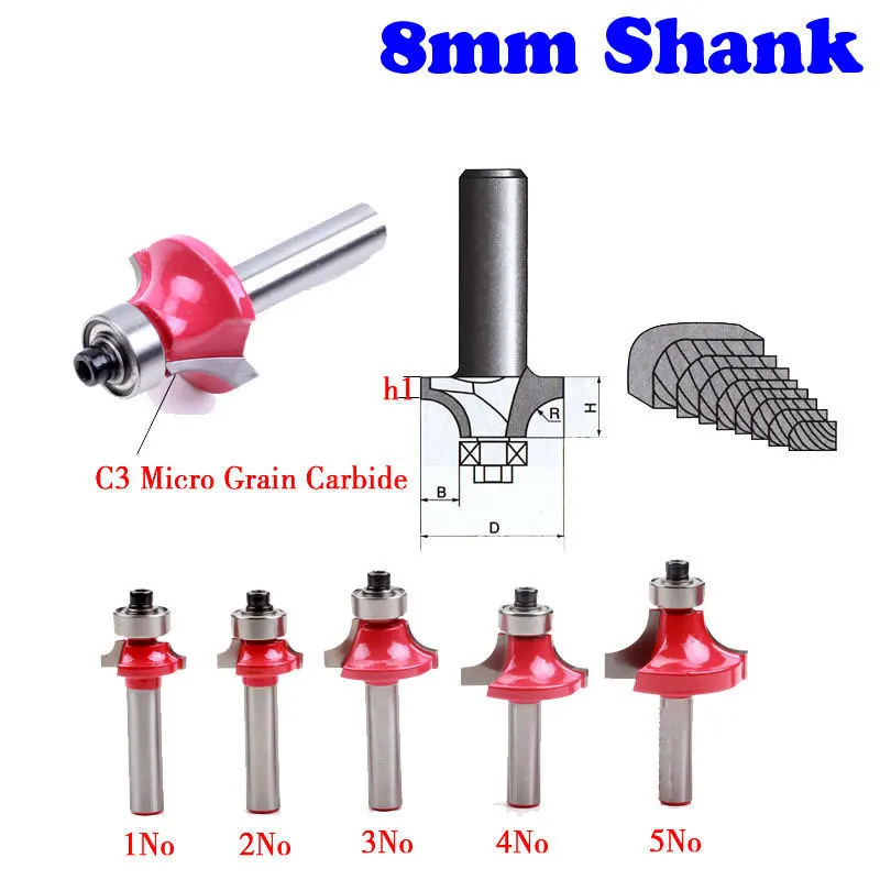 5 шт./компл. высокое качество Roundover бит с подшипником Концевая фреза 8 мм хвостовик ласточкин хвост фрезы Резак работы по дереву