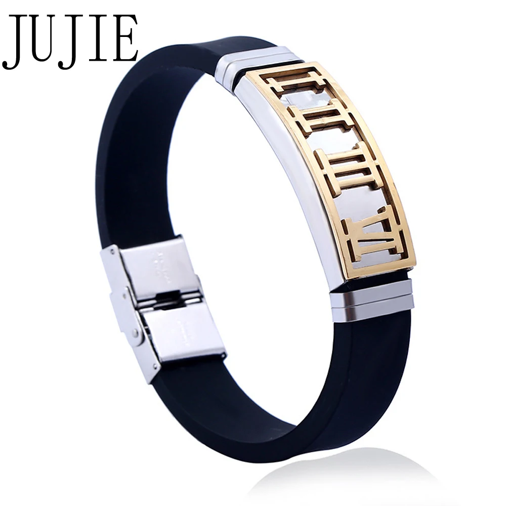 

JUJIE New Golden Roman numerals stainless steel Bracelet Bangles men titanium steel silicone wristband bracelet Fashion Jewelry