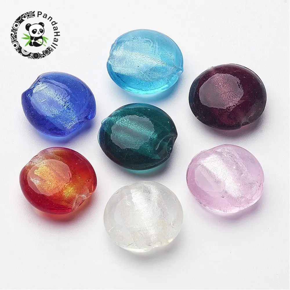 

10pcs Mixed Color Handmade Silver Foil Glass Beads Flat Round for Jewelry Making DIY Bracelet Necklace Findings 20x10mm