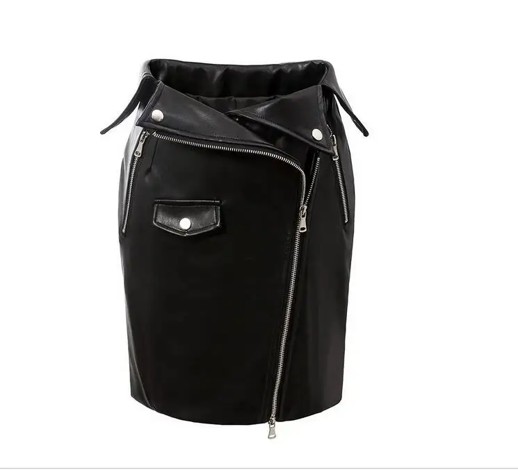

Europe solid color zipper low waist splicing pu leather skirt for women