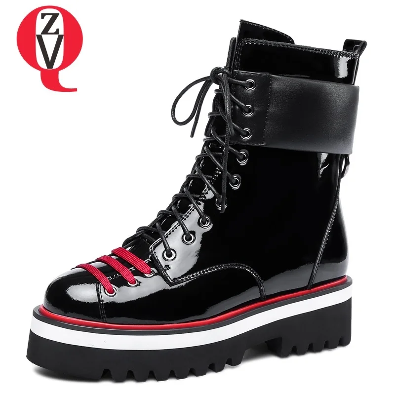 

ZVQ women shoes 2018 new fashion mixed colors cross-tied lace-up round toe med square heel platform patent leather ankle boots